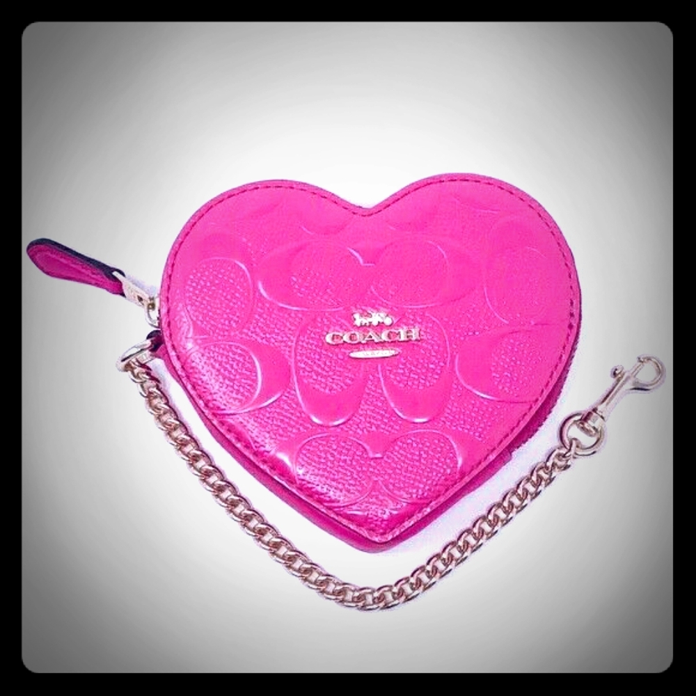 Neon Pink COACH Signature Leather Heart Coin Purse